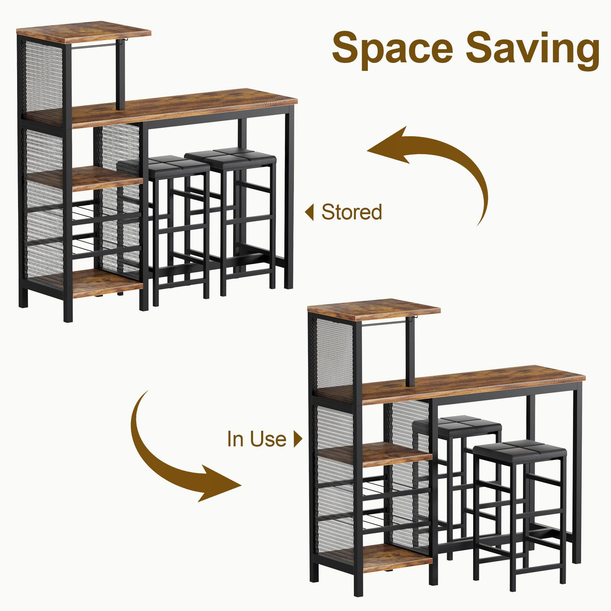 VECELO Bar Table and Chairs Set for 2, 3-Piece Dining Set with Storage Shelves, Cup Holder & Wine Rack, PU Leather Cushion Stools, for Kitchen Small Space, Brown VECELO