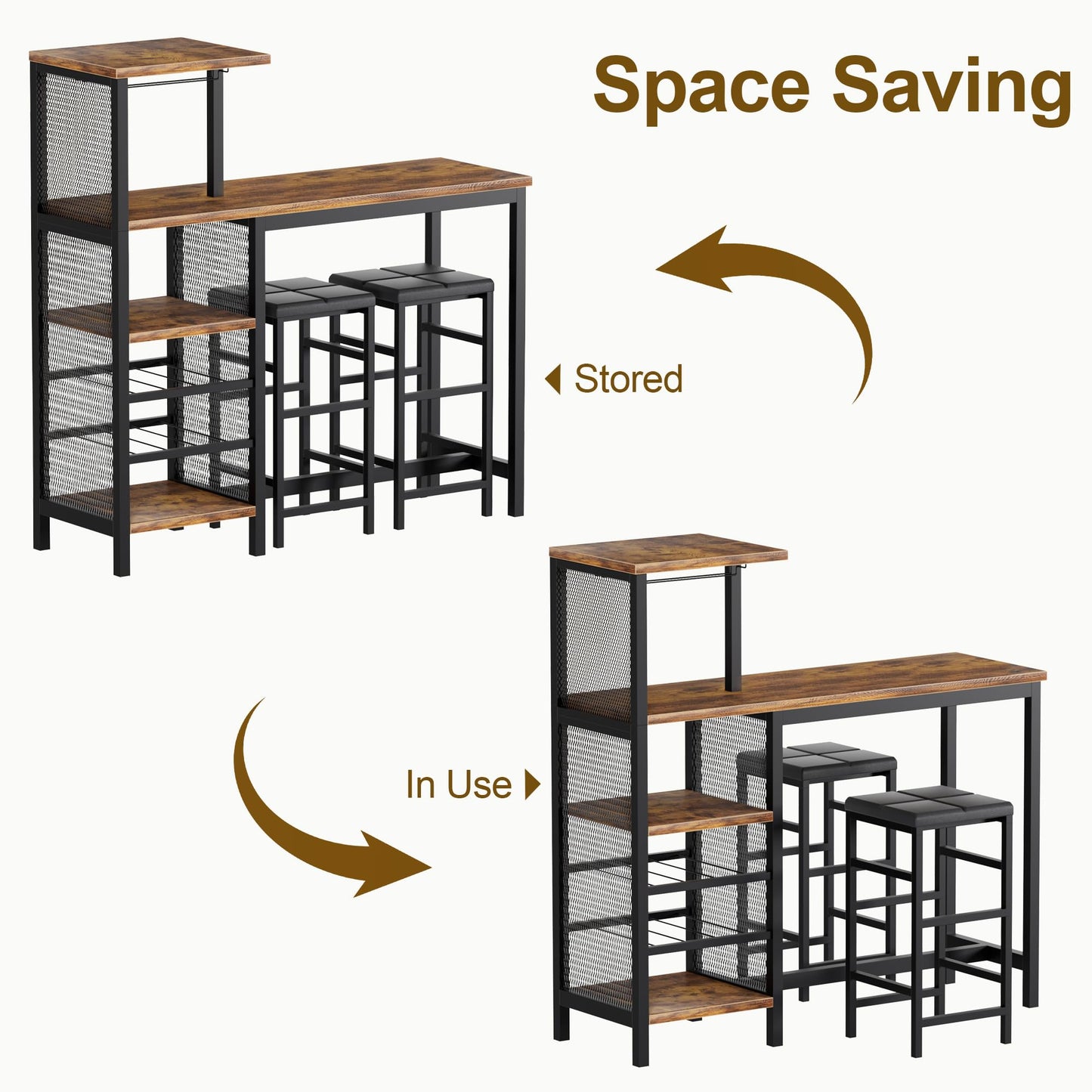 VECELO 3-Piece Bar Table and Chair Set with Storage Shelves and Cup Holders - Stylish Brown Design for Small Spaces