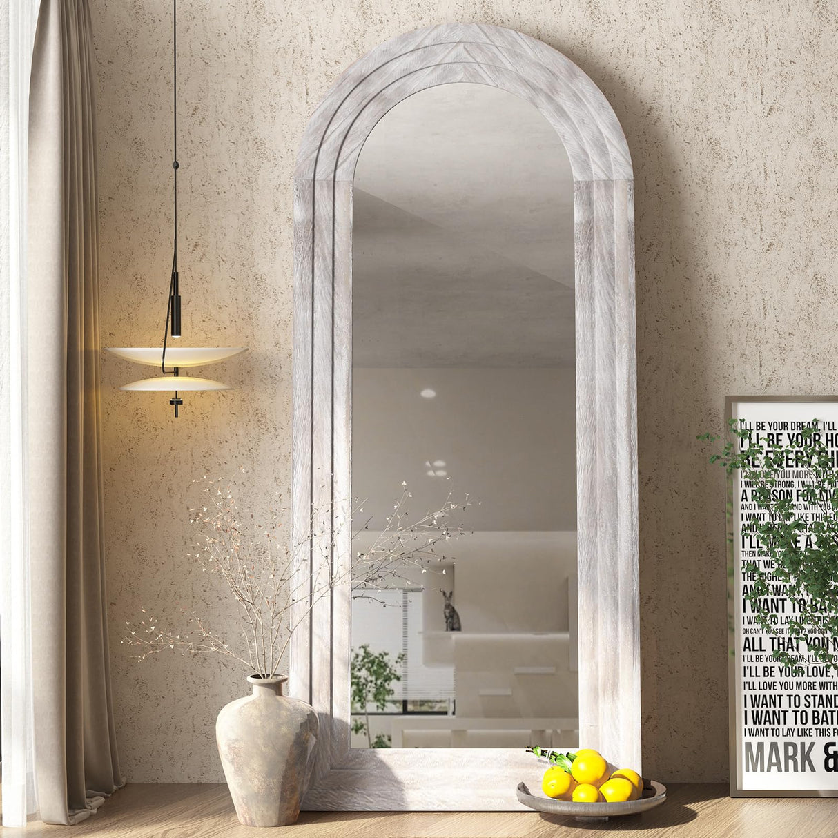 ZHUNFA Arched Full Length Mirror with Solid Wood Frame, 65x22 Farmhouse Wall Mirror Full Length with Stand, Vertical Hanging, Leaning Standing for Bedroom, Living Room, Rustic White ZHUNFA