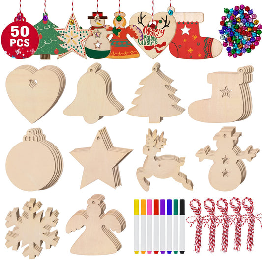 158 Pcs Wooden Christmas Ornaments Unfinished, 50 Pcs Wood Slices for Crafts in 10 Styles with 50 Twine, 50 Colorful Bells & 8 Colorful Pens, DIY Wooden Christmas Ornaments Hanging Decorations