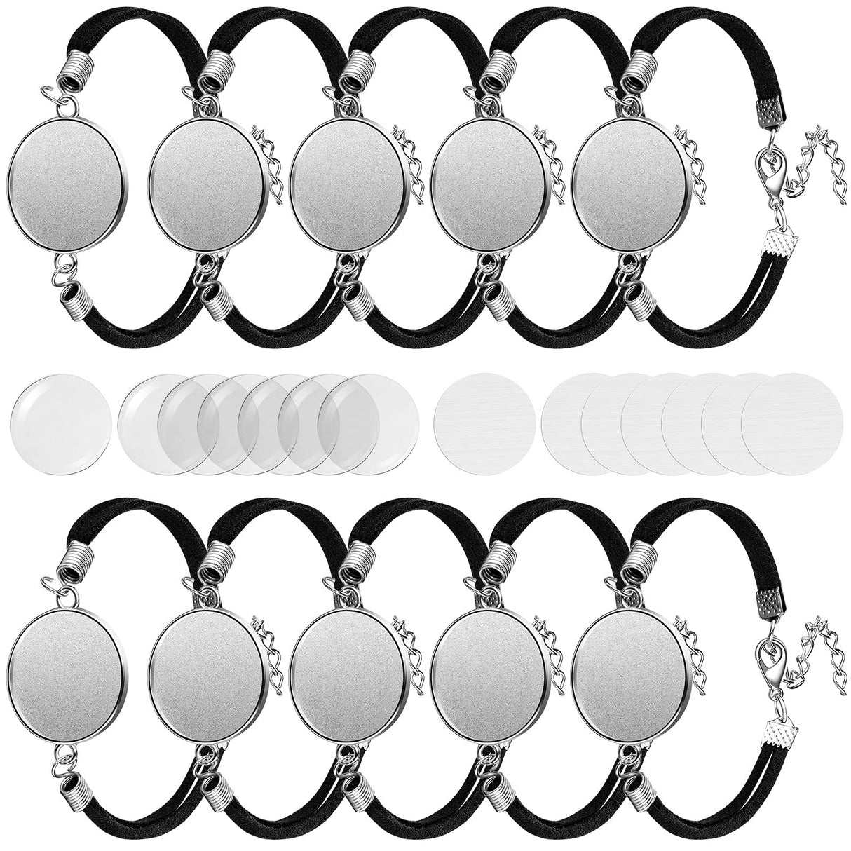 16 Pieces 20 mm Sublimation Bracelet Blanks Bezel Bracelet Tray Settings Faux Leather Base Tray Bangles with 16 Round Glass Cabochons and 16 Aluminum Sheets for Jewelry Making DIY Bracelets MTLEE