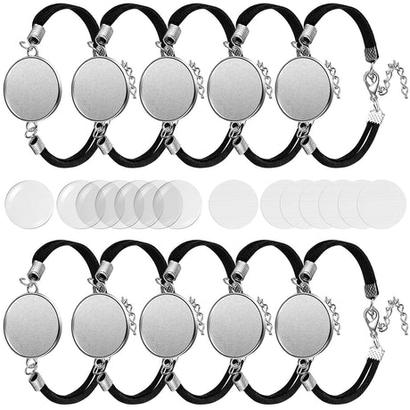 16 Pieces 20 mm Sublimation Bracelet Blanks Bezel Bracelet Tray Settings Faux Leather Base Tray Bangles with 16 Round Glass Cabochons and 16 Aluminum Sheets for Jewelry Making DIY Bracelets MTLEE