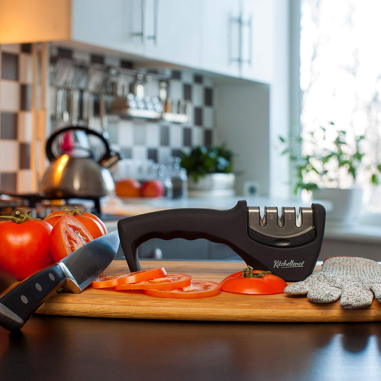 4-in-1 Kitchen Knife Accessories: 3-Stage Knife Sharpener Helps Repair, Restore, Polish Blades and Cut-Resistant Glove (Black) KITCHELLENCE