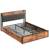 LIKIMIO Vintage Brown Queen Bed Frame with 4 Storage Drawers and Charging Headboard LIKIMIO
