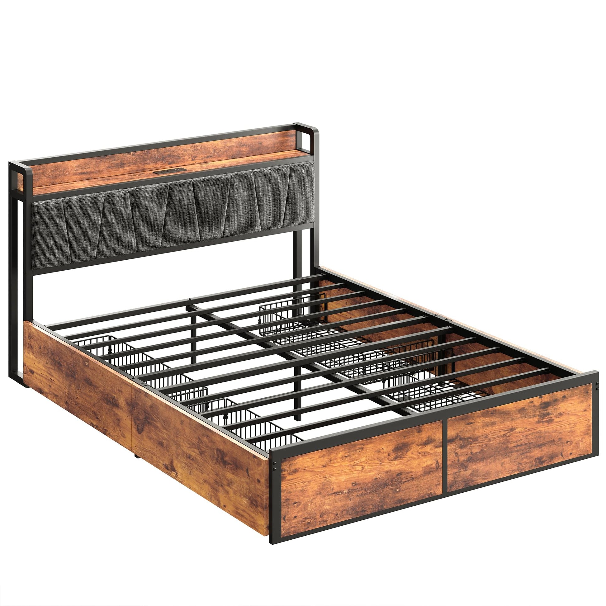 LIKIMIO Vintage Brown Queen Bed Frame with 4 Storage Drawers and Charging Headboard - WoodArtSupply