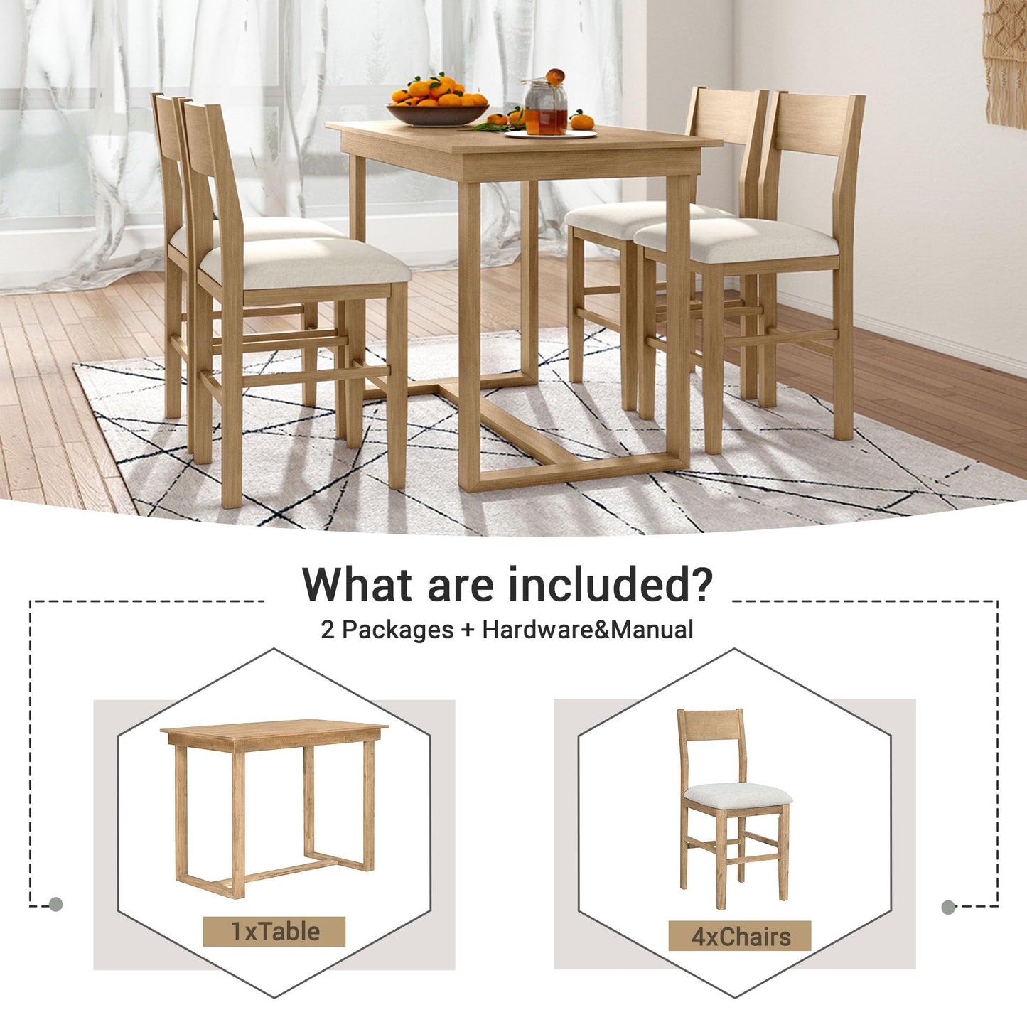 LUMISOL Counter Height Dining Table Set for 4, Wood Dining Table with 4 Chairs, 5 Piece Dining Table Set for Dining Room Living Room Kitchen, Brown - WoodArtSupply