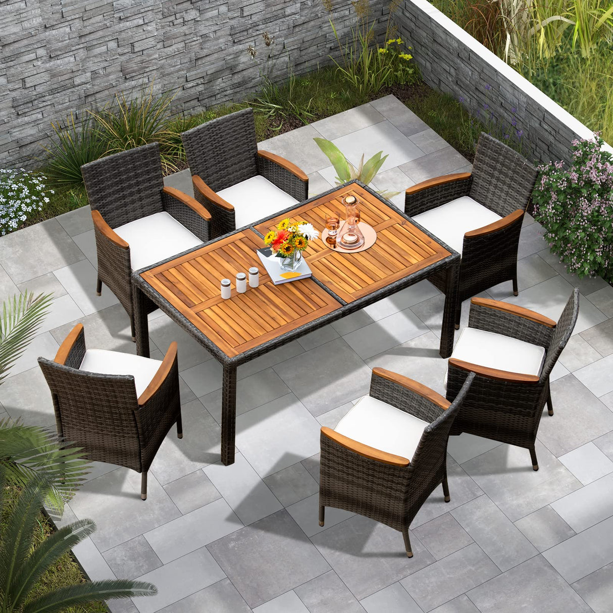 RELAX4LIFE Outdoor Patio Dining Set - 7 Pieces PE Rattan Wicker Furniture Set with Acacia Wood Dining Table Cushioned Armchairs Space-Saving Patio Table and Chairs Set Sectional Conversation Set RELAX4LIFE