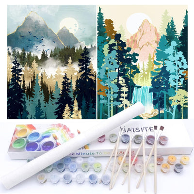 BAISITE Paint by Numbers Kit for Adults Beginners,12" Wx16 L 2 Pack Canvas for Painting Kits for Adults in Colorful Box-Sunrise Mountains Waterful 7172