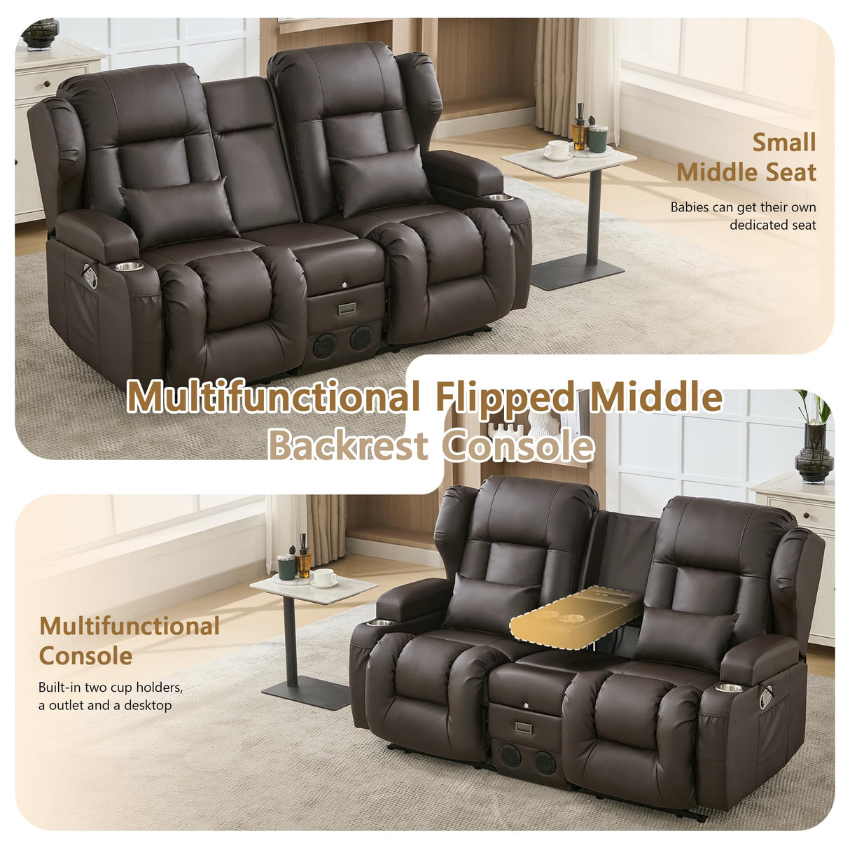 URRED Loveseat Rocker Recliner Sofa with Console, Manual Reclining Loveseat RV Couch Double Rocking Chair Nursery with Cup Holders, Side Pocket, Bluetooth Speaker, USB, Outlets (Dark Brown) URRED
