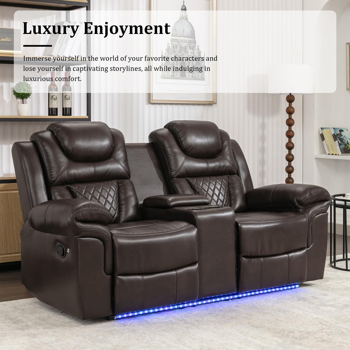Olodumare Leather Reclining Sofa Set,Home Theater Seating with Center Console, LED Light Strip, and Storage Cup Holders, 2 Seater for Living Room,Office,Home Theater,RV. Loveseat(Brown) Olodumare