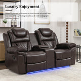 Olodumare Leather Reclining Sofa Set,Home Theater Seating with Center Console, LED Light Strip, and Storage Cup Holders, 2 Seater for Living Room,Office,Home Theater,RV. Loveseat(Brown) Olodumare
