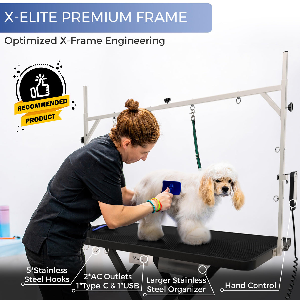 Professional Super Low-Step Electric Dog Grooming Table 49.2", Heavy Duty, Anti-Slip Tabletop, Height Adjustable Dog Table with Lockable Casters, Stainless Grooming Overhead Arm, Dog Grooming Station Burano