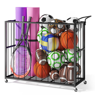 Homsorout Ball Storage Bin Rolling Sports Ball Cart, Metal Garage Organizer Sport Rack, Ball Basket Storage, Ball Cage for Garage or Gym, Indoor & Outdoor Sports Equipment Organizer（Black）
