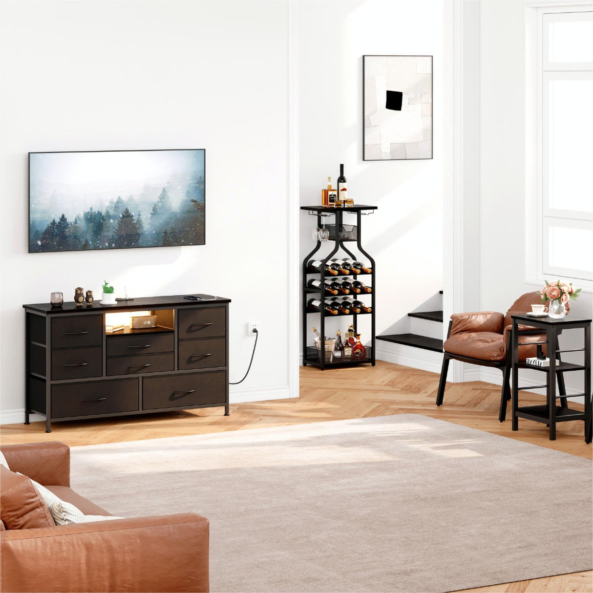 Jojoka 8 Dresser TV Stand with Power Outlet & LED for 55'' TV, Long Dresser for Bedroom with 8 Deep Drawers, Wide Console Table for Storage in Closet, Living Room, Entryway, Wood Top Jojoka