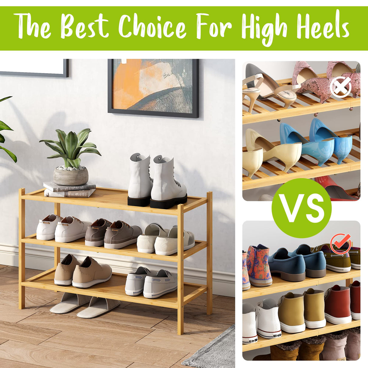 BMOSU 3-Tier Bamboo Shoe Rack Premium Stackable Shoe Shelf Storage Organizer for Hallway Closet Living Room Entryway Organizer(Natural) BMOSU