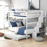 BIADNBZ Full Over Full Bunk Bed with Trundle and Storage Staircase, Solid Wood Bunkbeds can be Divided into 2 Platform Bedframes, for Kids Teens Adults Bedroom, White BIADNBZ