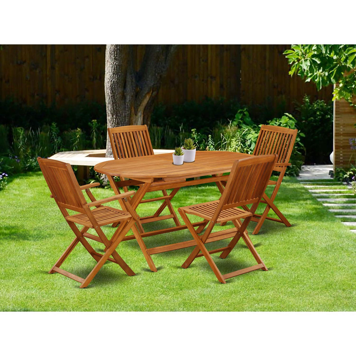 East West Furniture DICM52CANA Diboll 5 Piece Patio Dining Set includes an Oval Outdoor Acacia Wood Table and 2 Folding Arm 2 Side Chairs, 36x60 Inch, Natural Oil East West Furniture
