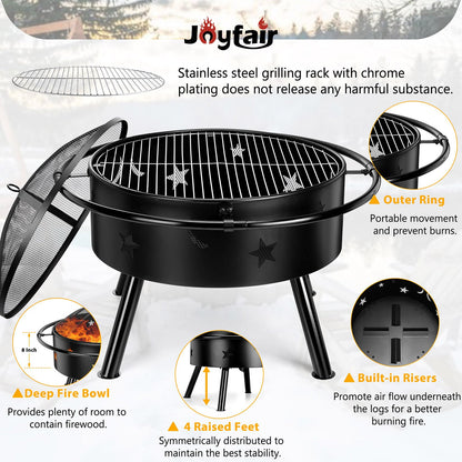 Joyfair 30inch Fire Pit, Outdoor Wood Burning Bonfire Firepit BBQ Grill with Cover & Poker Accessories Kit, Heavy Duty Round Camping Fire Pits with Spark Screen for Outside Patio Backyard (Large)