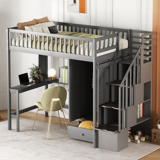 Bellemave Twin Size Loft Bed with Desk, Multifunctional Loft Beds Twin with Stairs, Bookshelf, Wardrobe and Drawer for Kids Boys Girls Bedroom, Solid Wood Loft Bed Frame with Storage (Gray)