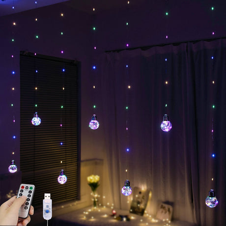 YOLIGHT Wishing Ball Curtain Lights 200 LED Window Curtain String Lights with Remote, USB Battery Powered Twinkle Globe Fairy Lights for Wedding Party Bedroom Christmas Decoration (Multi-Colored) YOLIGHT