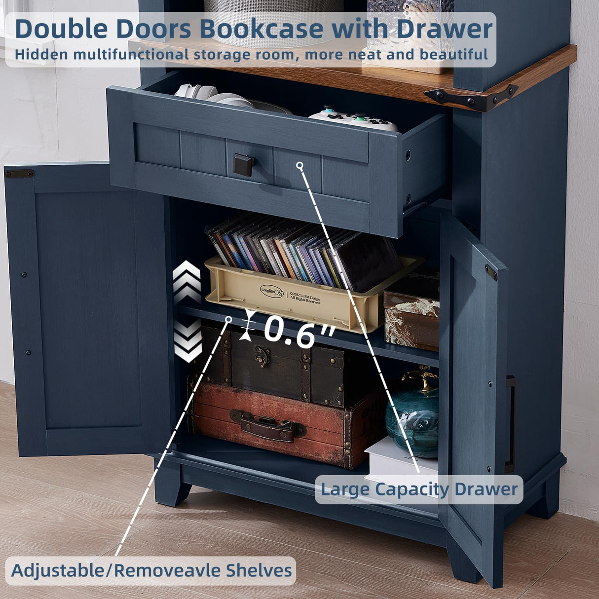 Joaxswe 72in Tall Bookshelf 7 Tier Bookcase with Drawer and Barn Doors and Adjustable Shelves, Blue Farmhouse Book Shelf with Storage Cabinet, Wood Freestanding Display Bookshelves for Kitchen (2PCS) Joaxswe