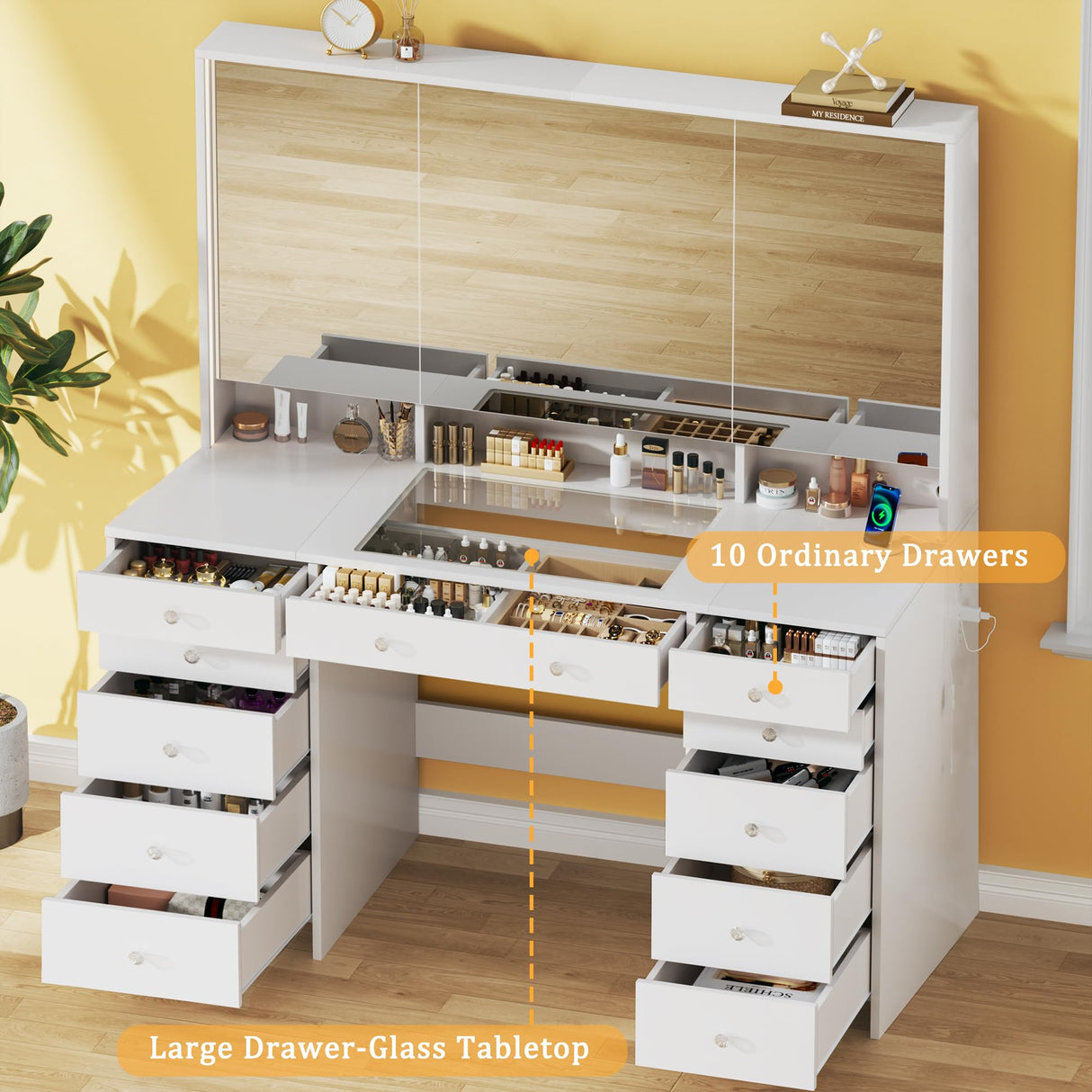 Vanity Desk with Mirror and Lights, 50" Makeup Vanity with Glass Top & Power Outlet, White Vanity with 11 Drawers & 8 Hidden Storage Shelves, 3 LED Lighting Modes Adjustable for Bedroom HUAHUU