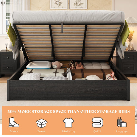 AMERLIFE Lift Up Storage Bed, King Bed Frame with Storage Underneath, Wooden Platform Bed Frame, Solid Wood Slats Support, No Fixed Headboard, No Box Spring Needed, Dark Oak AMERLIFE