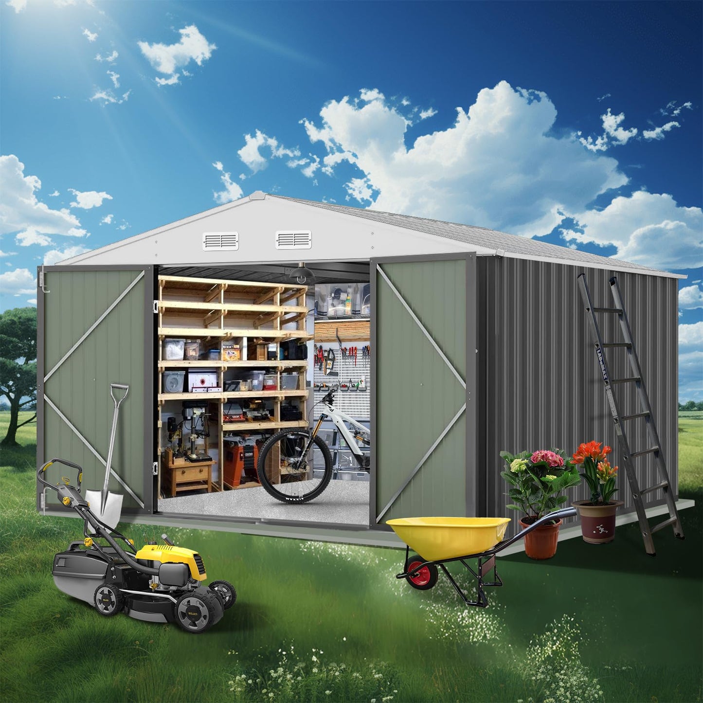 GarveeLife 12x10 Ft Outdoor Storage Shed, Large Steel Multipurpose Yard Shed, Metal Outdoor Tool Shed with Sloped Roof and Door Lock Design for Organizing Tools & Equipment in Yard, Garden, G - WoodArtSupply