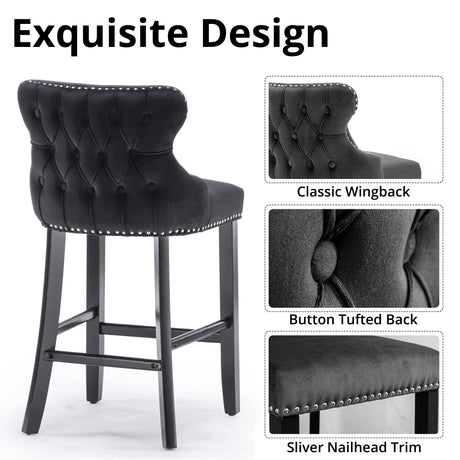 i-POOK Counter Height Bar Stools Set of 2, Velvet Upholstered Barstools with Solid Wood Legs, Button Tufted and Nailheads Trim, Wing-Back Bar Chairs for Kitchen Island Dining Room Pub, Black i-POOK
