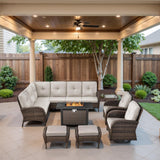 Belord 8 Pieces Patio Conversation Set with 43” Propane Fire Pit Table, Outdoor Sectional Furniture Sofa Set with Removable Cushions for Patio Deck Backyard Brown Belord