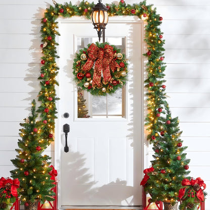 Christmas Wreath Christmas Decorations - 16" Christmas Wreaths for Front Door, Red Bow Christmas Ball Pine Needles Wreath for Home Wall Windows Outdoor Xmas Decor