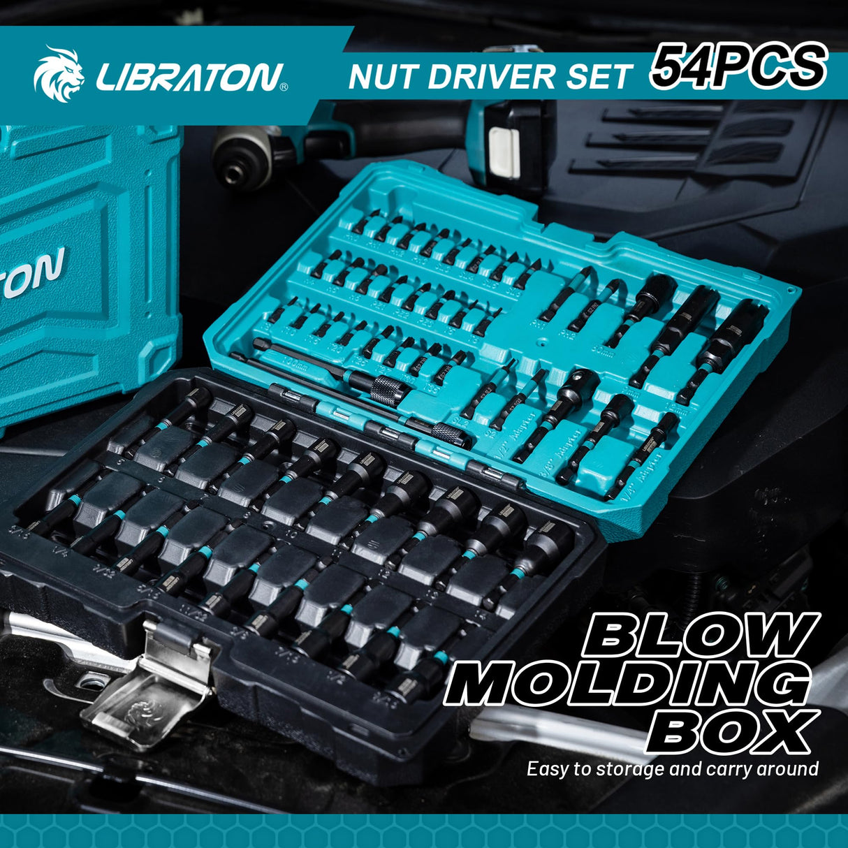 LIBRATON 54PCS Magnetic Nut Driver Set, Impact Drill Driver Bit 1/4", Metric & SAE Nut Driver for Impact Drill, Socket Adapters, Screwdriver Bits, Quick-Release Extension, Wing Nut Driver, Storage Box LIBRATON