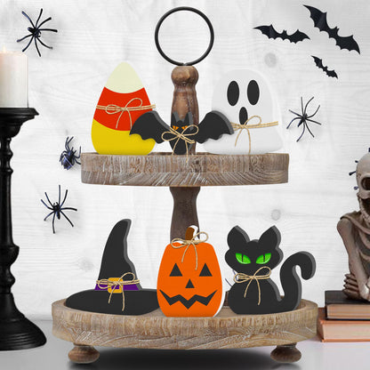 6PCS Halloween Wooden Decor - Halloween Wooden Signs Include Pumpkin Ghost Bat Black Cat Witch Hat Candy Corn Freestanding Table Signs, Halloween Tiered Tray Decor for Rustic Farmhouse Home Mantle