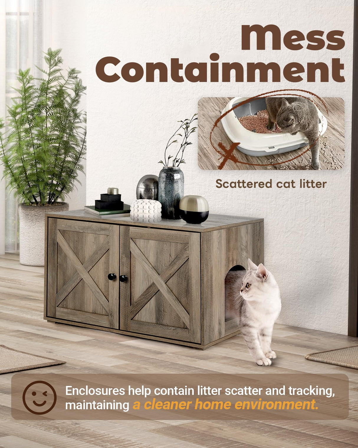 Upolana Cat Litter Box Enclosure, 32 inch Hidden Litter Box Furniture with Divider, Wooden Kitty Litter Box Cabinet End Side Table, Greige Upolana