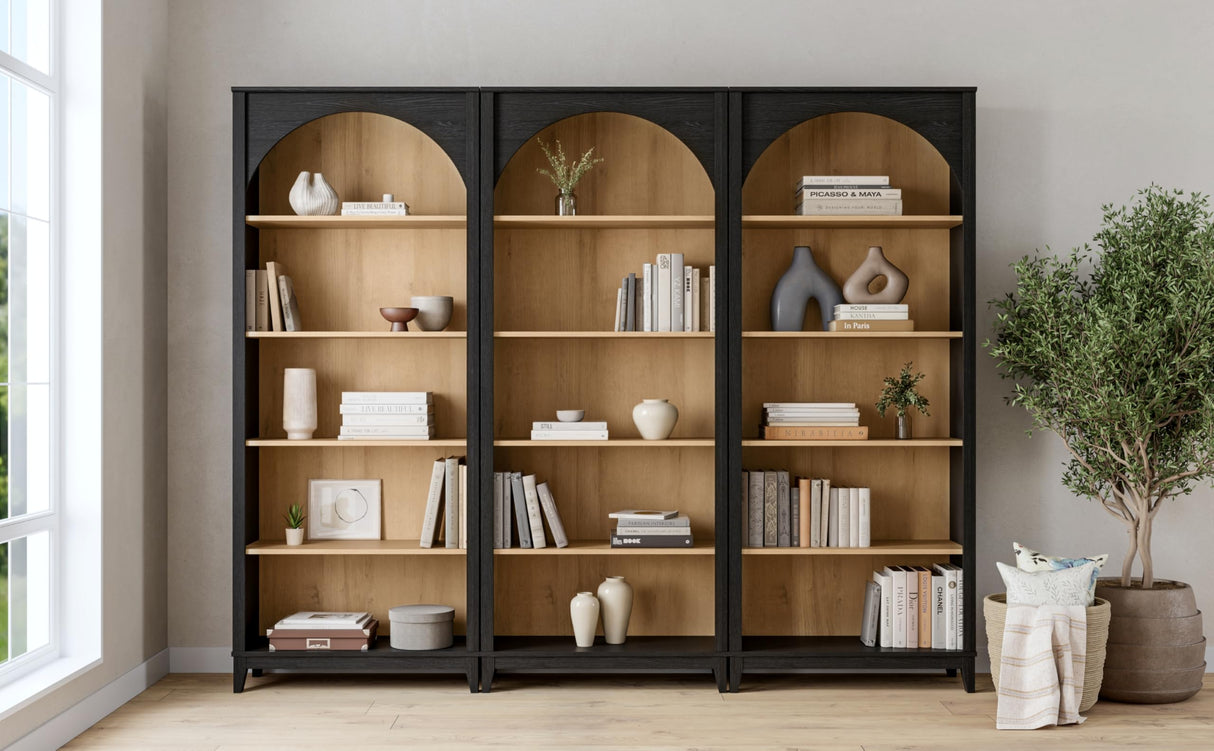Prepac Ark 78" Tall 5-Tier Arched Bookcase, Black Oak with Oak Finish Interior, Modern Storage Accent Bookshelf with 3 Adjustable Shelves for Home, Office, Living Room, Bedroom Prepac