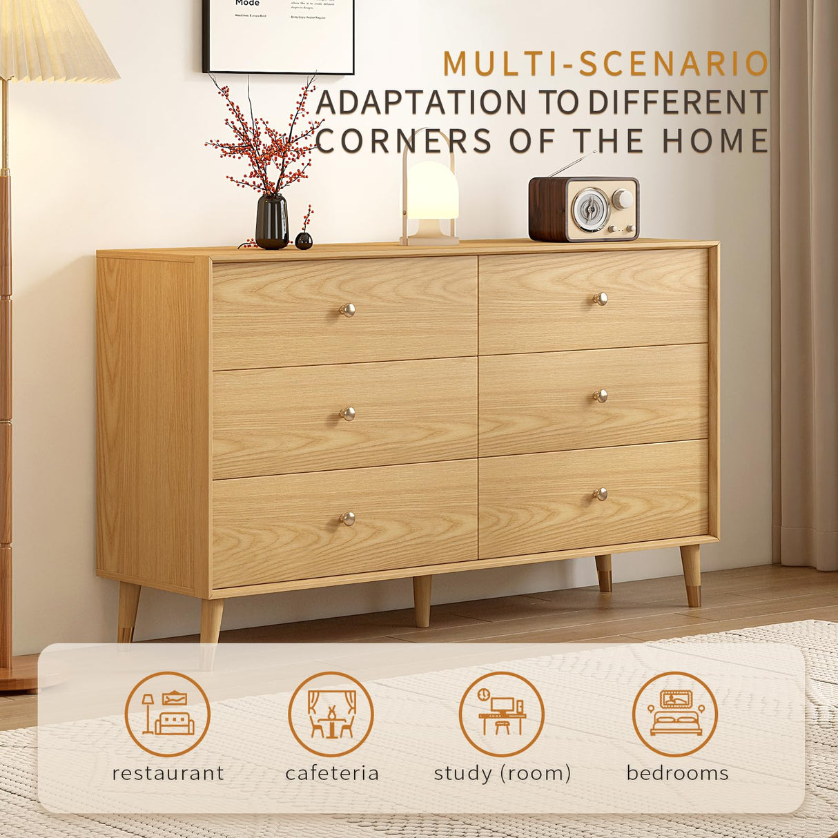 Messenya 6 drawer dresser for bedroom furniture.wood dressers & chests of drawers.Beveled Edge design, hand-polished.bedroom storage and dresser organizer for Living Room, Hallway (D-203) Messenya