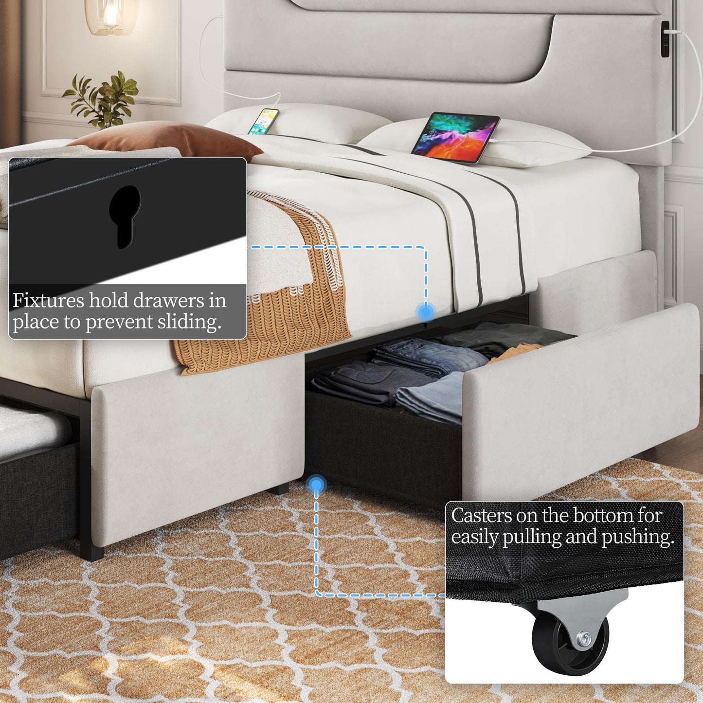 Yaheetech Beige Queen Upholstered Bed Frame with USB Charging, 4 Storage Drawers and Wooden Slats - WoodArtSupply