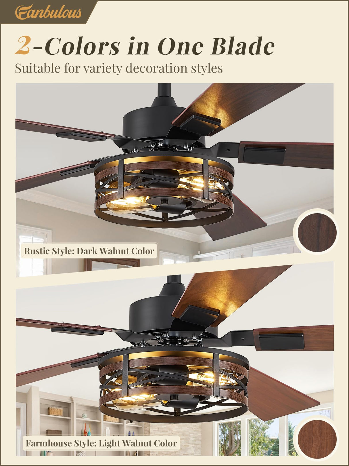 Farmhouse Ceiling Fans with Light, 48 Inch Bedroom Ceiling Fan with Lights, 6-Speed Adjustable, Quiet and Reversible DC Motor, Dual Finish 5 Blades, Rustic Caged Ceiling Fan for Living Room Fanbulous
