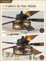 Farmhouse Ceiling Fans with Light, 48 Inch Bedroom Ceiling Fan with Lights, 6-Speed Adjustable, Quiet and Reversible DC Motor, Dual Finish 5 Blades, Rustic Caged Ceiling Fan for Living Room Fanbulous