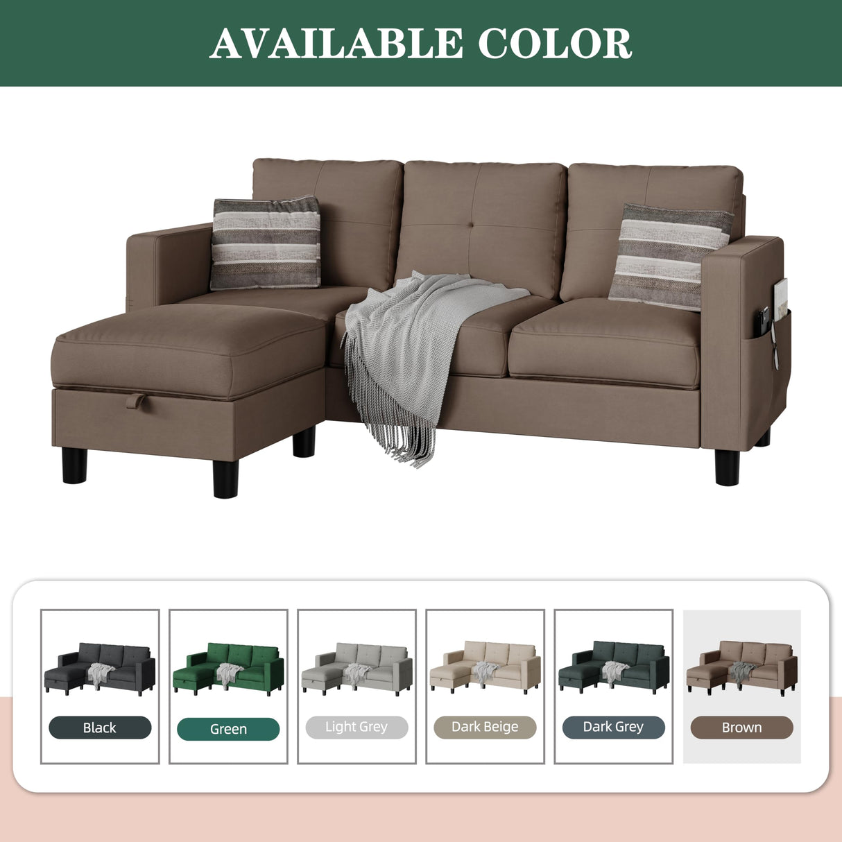 JAMFLY Sectional Sofas Couches for Living Room, L Shaped Couch with Storage Sofa Set, Small Couches for Small Spaces with Movable Ottoman, Brown JAMFLY