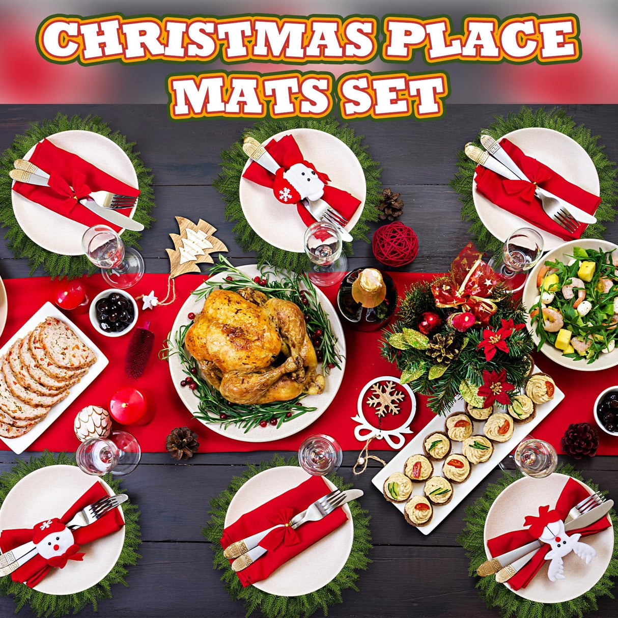 Teenyyou 6 Pcs Christmas Placemats Set 15 Inch Large Norfolk Pine Placemats Round Greenery Place Mats Artificial Xmas Washable Winter Table Decoration for Holiday Party Dining (Norfolk Pine, Green) Teenyyou