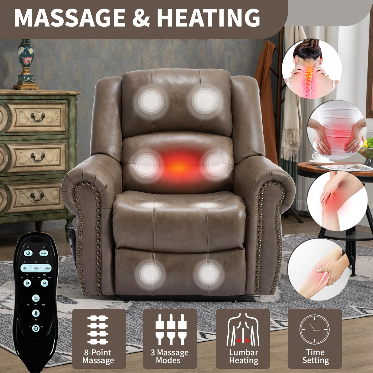 Dual Motor Power Lift Chair, Lay Flat Recliner Chair, Electric Recliner with Massage and Heat for Elderly, Remote Control, Infinite Position, Standing Assistance, USB Ports (Khaki, Genuine Leather) Trustyue