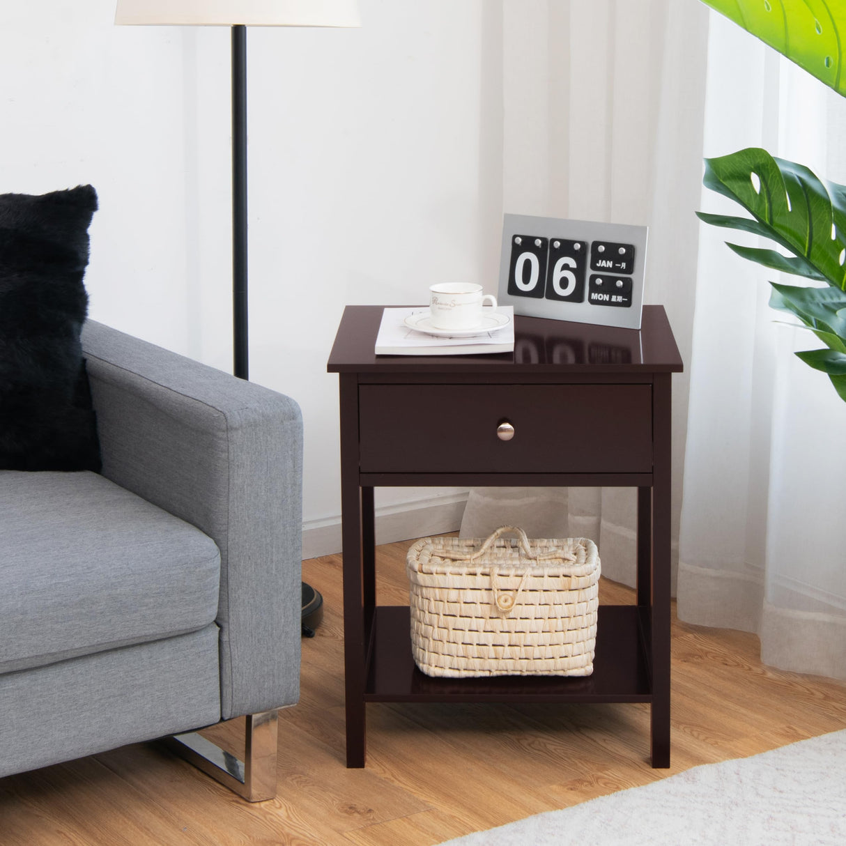 Giantex Nightstand, Wood End Table with Drawer and Open Shelf, Night Stand for Small Spaces, 2-Tier Bedside Table for Living Room Bedroom Dorm, Easy Assembly, Brown Giantex