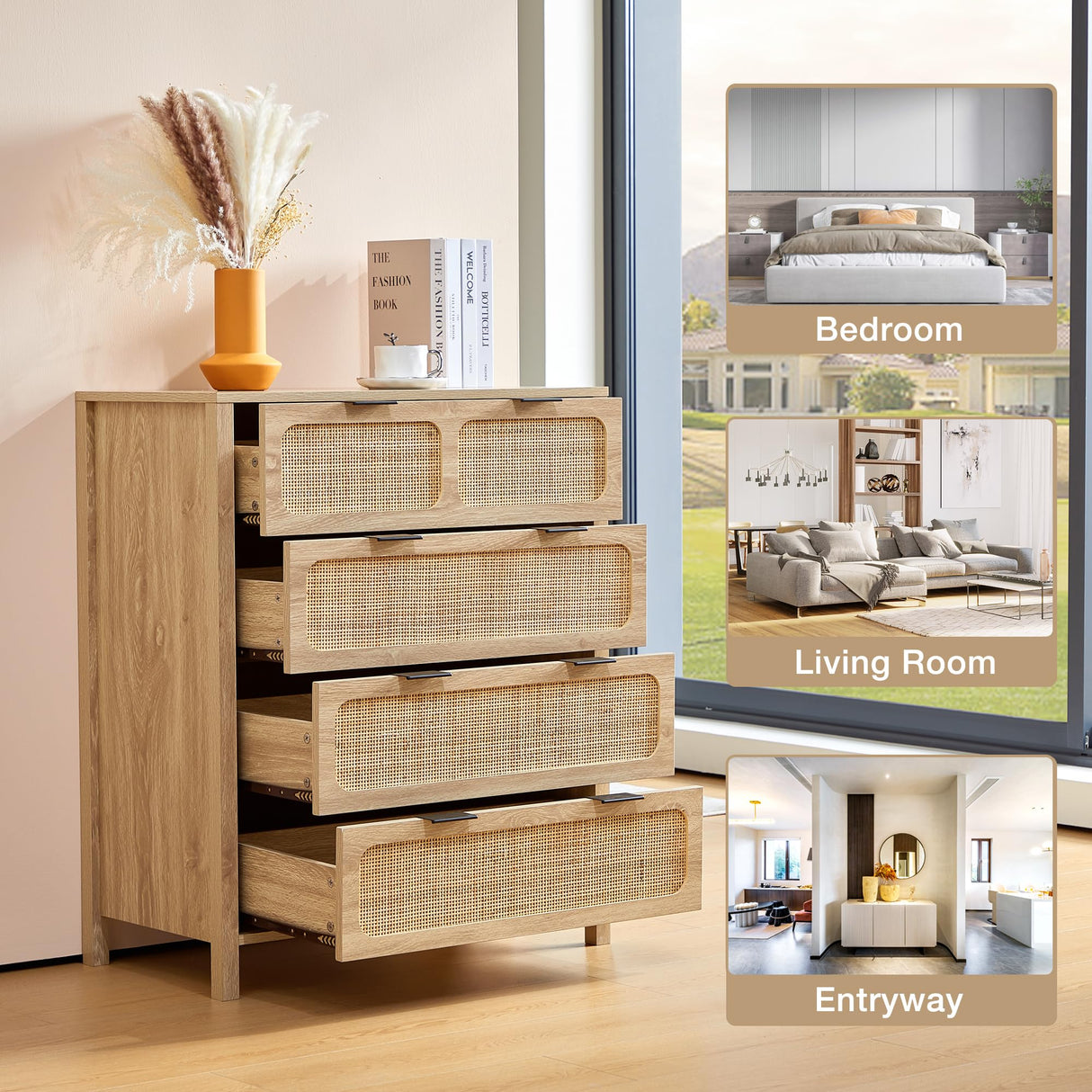 QEIUZON 4 Drawer Dresser, Modern Rattan Dresser Chest with Wide Drawers and Metal Handles, Farmhouse Wood Storage Chest of Drawers for Bedroom, Living Room, Hallway, Entryway (Natural-2 Packs) QEIUZON