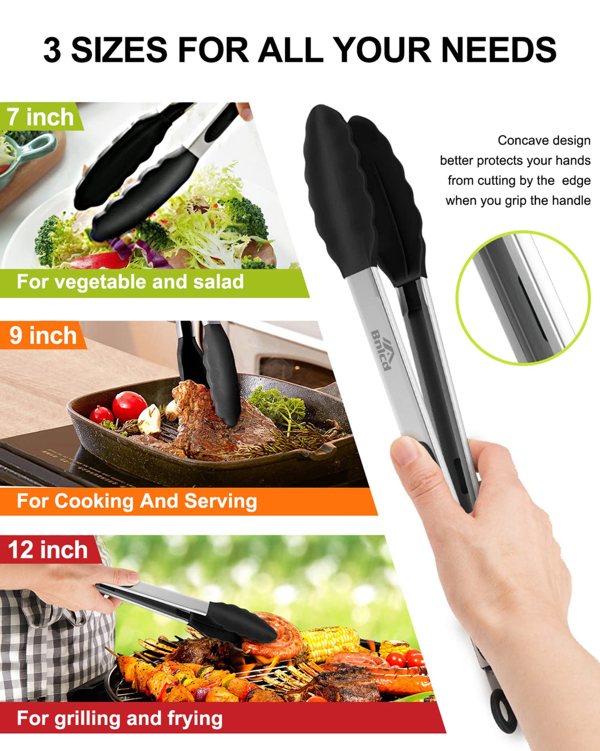 Bnlcd Kitchen Tongs, Premium Stainless Steel Locking Cooking Tongs with Silicone Tips, Non-Slip Food Tongs for Cooking, Heavy Duty, Non-Stick, 480℉, Set of 3-7" 9" and 12" Black Bnlcd