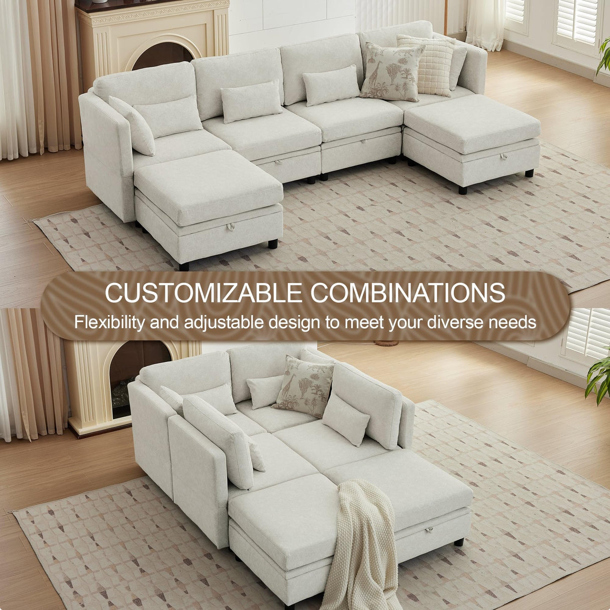 Korser 112" Modular Sectional Sofa with Storage, U Shaped Sectional Sofa for Living Room, Convertible Cloud Sectional Couch with Chaise, 6 Seat Couch with Cushions, Adjustable Backrest Design, Beige Korser