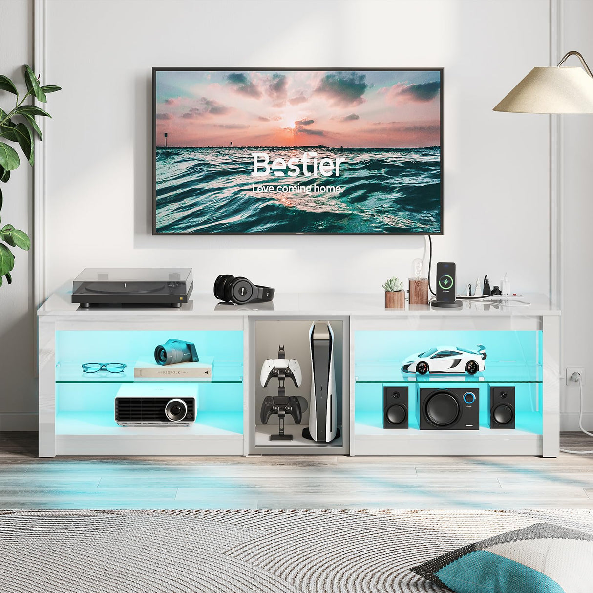 Bestier High Gloss TV Stand for 70 inch TV with Power Outlets, LED Entertainment Center for PS5, Gaming TV Consoles with Glass Shelves for Living Room, 63'' Inch, Bright White Bestier