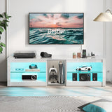 Bestier High Gloss TV Stand for 70 inch TV with Power Outlets, LED Entertainment Center for PS5, Gaming TV Consoles with Glass Shelves for Living Room, 63'' Inch, Bright White Bestier