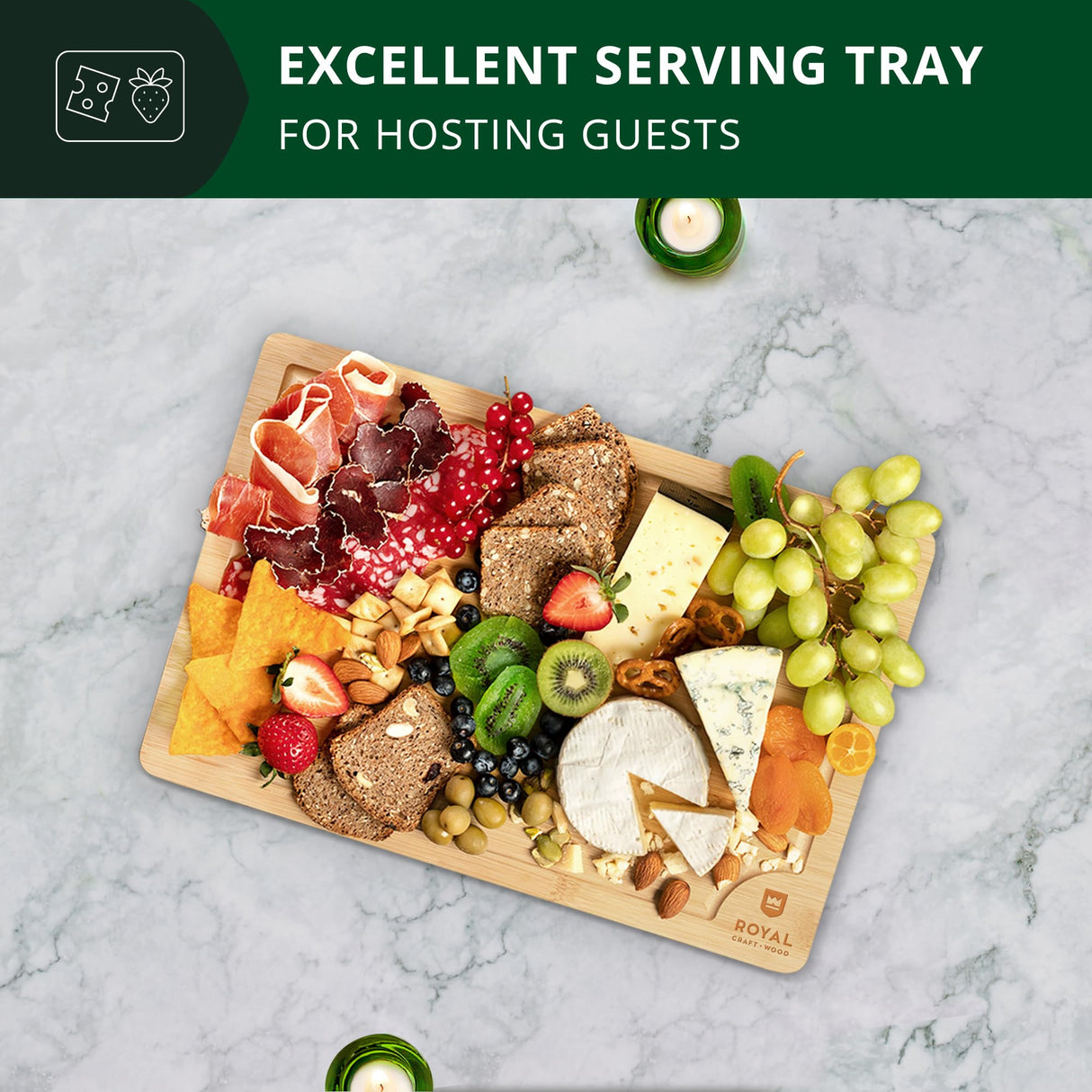 ROYAL CRAFT WOOD Bamboo Cutting Board with Juice Groove - Kitchen Chopping Board for Meat Cheese and Vegetables, Heavy Duty Serving Tray w/Handles (Large,10 x 15") ROYAL CRAFT WOOD