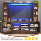 Entertainment Center with 2 LED Lights & Power Outlets, Large Farmhouse Wall Unit Entertainment Center for 60 Inch Television Stand, TV Stands for Living Room with Storage Shelf, Brown EnHomee